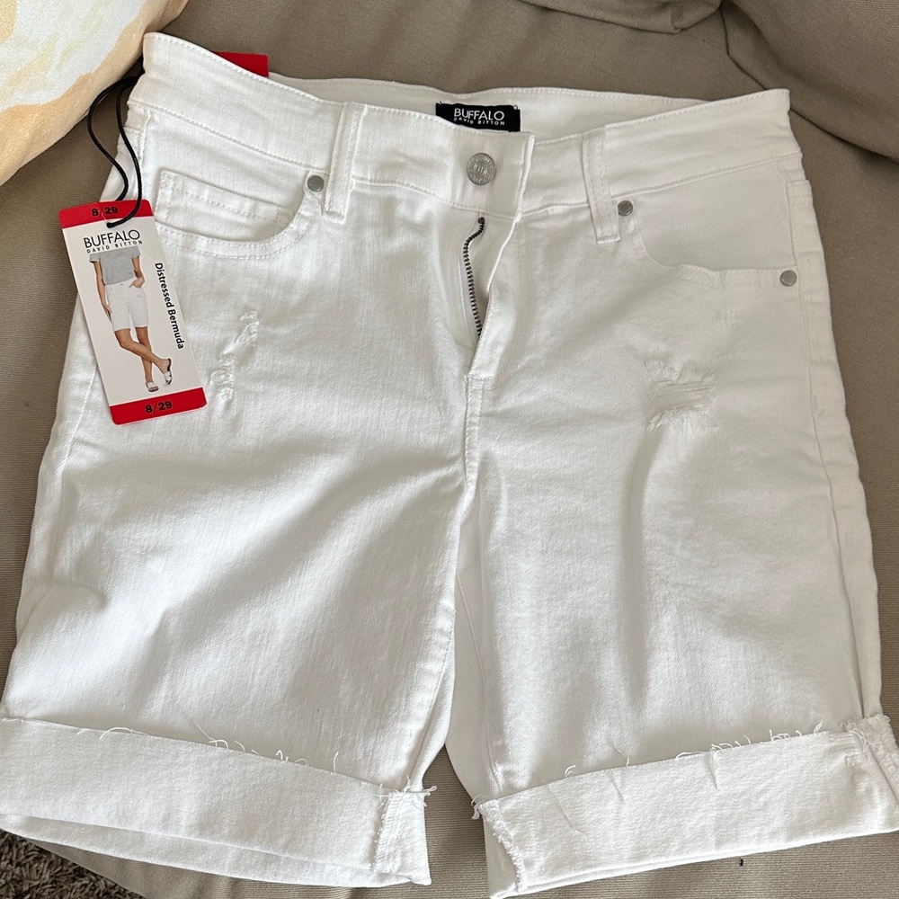 NWT Buffalo David Bitton Women's White Distressed Bermuda Jean Shorts